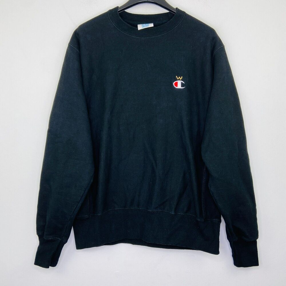 Champion M Sweatshirt Reverse Weave Black Logo Embroidered Gusset Crew Pullover